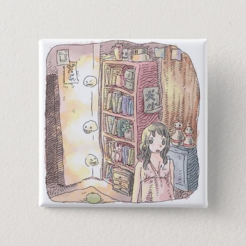 さなくむじ   薄暗いお部屋で本棚のそばに浮いているぼんやり光る物体と女性のイラスト BUTTON