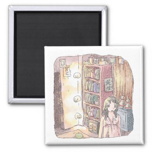さなくむじ   薄暗いお部屋で本棚のそばに浮いているぼんやり光る物体と女性のイラスト MAGNET