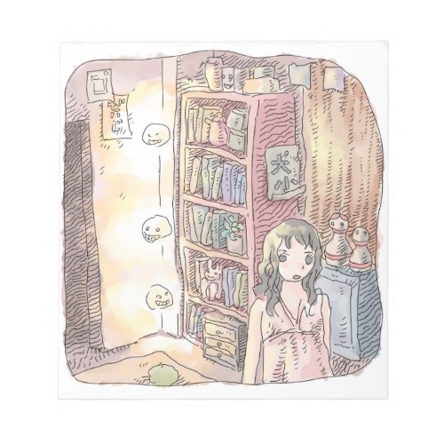 さなくむじ   薄暗いお部屋で本棚のそばに浮いているぼんやり光る物体と女性のイラスト NOTEPAD