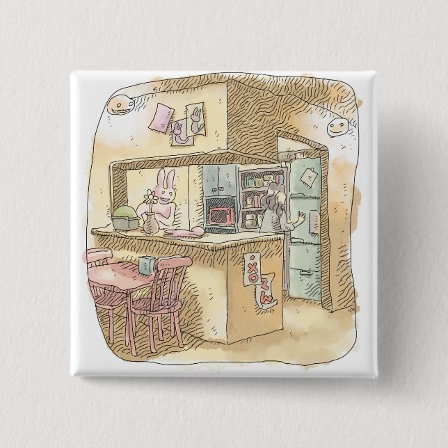 さなくれじ    うさぎのいる黄色いキッチンで冷蔵庫を開けようとする女性の後ろ姿のイラスト BUTTON (Front)