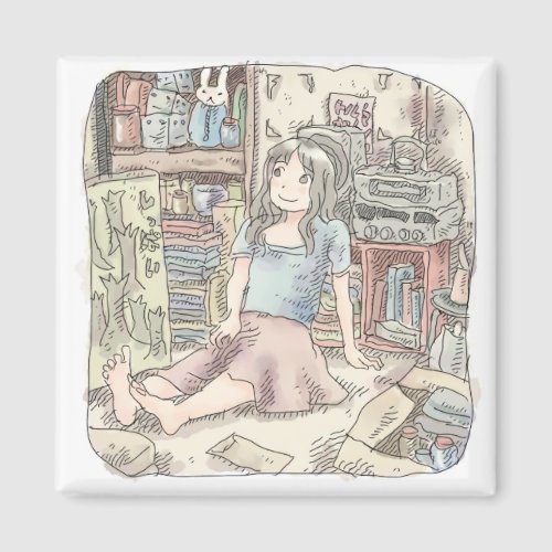 さなごさじ  散らかったお部屋の開きっぱなしの押し入れの前にへたり込む女性のイラスト MAGNET