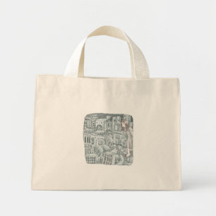 さなむいじ 灰色の細かい機械がたくさん並んでいる場所と女性のイラスト MINI TOTE BAG