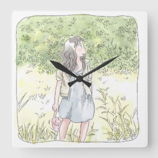 さなむなじ 緑の草原に立って周囲を見渡す女性のイラスト SQUARE WALL CLOCK
