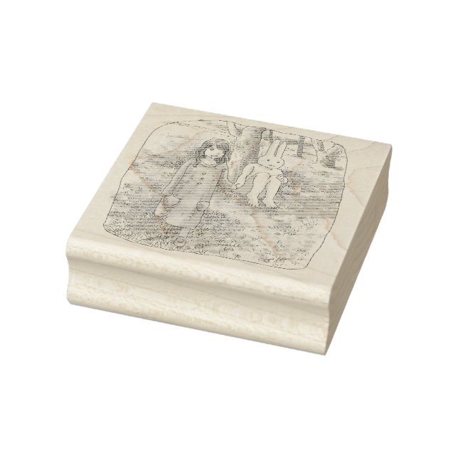 さなむやじ　野外の木の下に座るピンクのウサギと手を引いて歩く女性のイラスト RUBBER STAMP (Stamp)