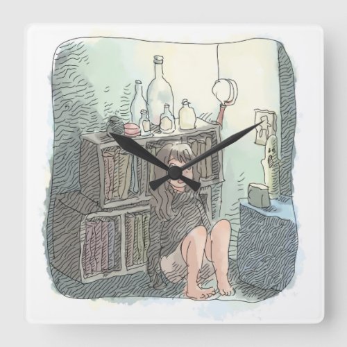 さなやにじ  薄明るい水色のお部屋の本棚のそばで座る素足の女性のイラスト SQUARE WALL CLOCK