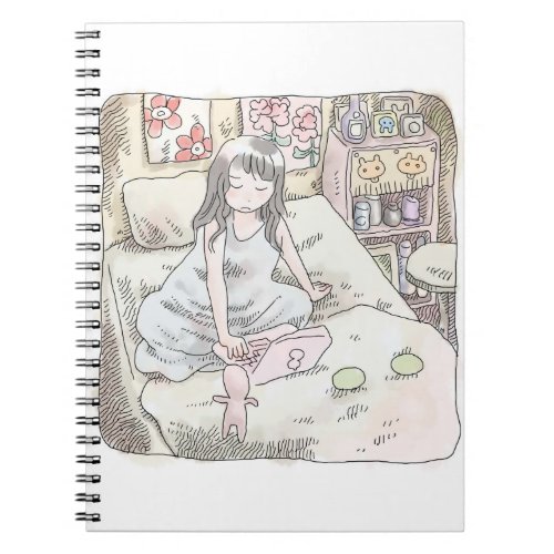 さなれなじ　寝室の壁際のベッドの上で胡坐をかいてノートパソコンを使う女性のイラスト NOTEBOOK