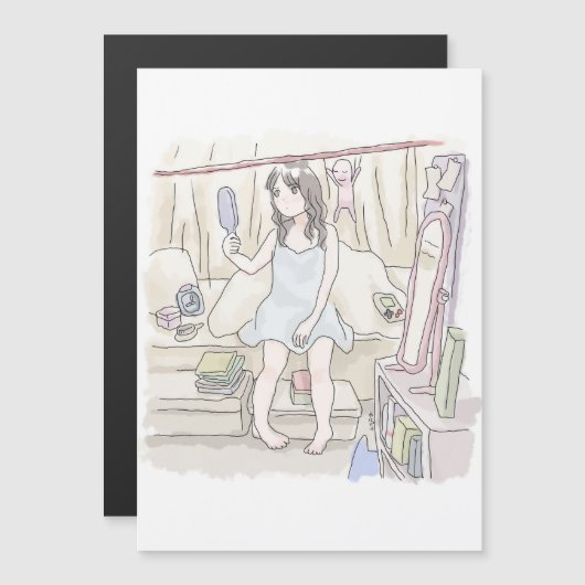 さにいなじ　姿見のある寝室のベッドに腰かけて手鏡を見る寝起きの女性のイラスト (Front/Back)