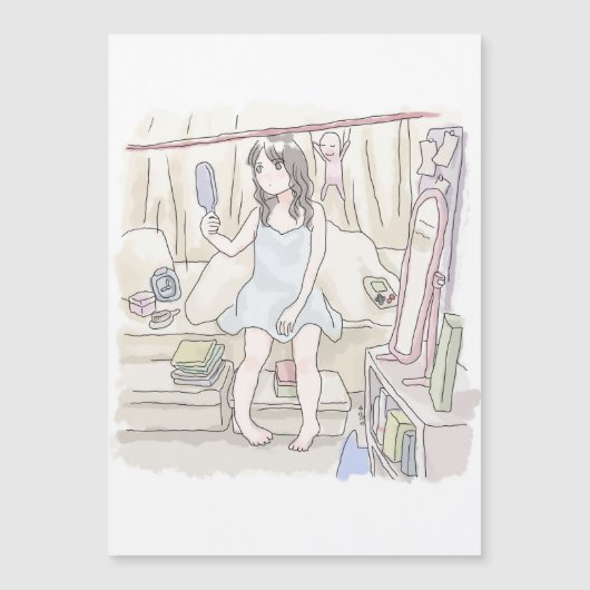 さにいなじ 姿見のある寝室のベッドに腰かけて手鏡を見る寝起きの女性のイラスト (Front)