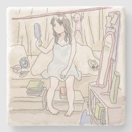 さにいなじ　姿見のある寝室のベッドに腰かけて手鏡を見る寝起きの女性のイラスト STONE COASTER