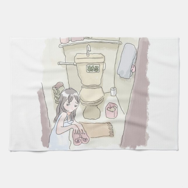 さにししじ　お手洗いの履き物を揃えている女性のイラスト KITCHEN TOWEL (Horizontal)