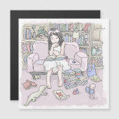 さむごさじ　本だらけの棚のある部屋の、大きなソファに座って目を閉じて考え込む女性のイラスト (Front/Back)