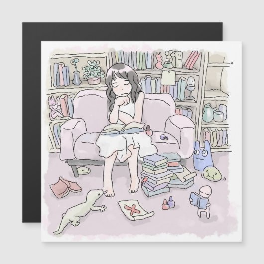 さむごさじ　本だらけの棚のある部屋の、大きなソファに座って目を閉じて考え込む女性のイラスト (Front/Back)