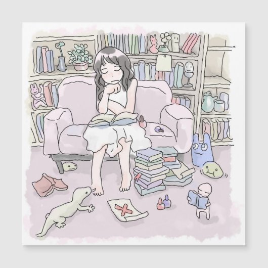 さむごさじ　本だらけの棚のある部屋の、大きなソファに座って目を閉じて考え込む女性のイラスト (Front)