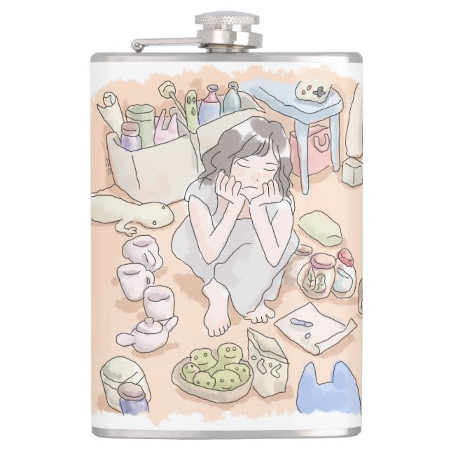 さむさしじ　橙色の部屋の床に座り込んで、たくさんの小物類を前に考え込む女性のイラスト FLASK (Front)