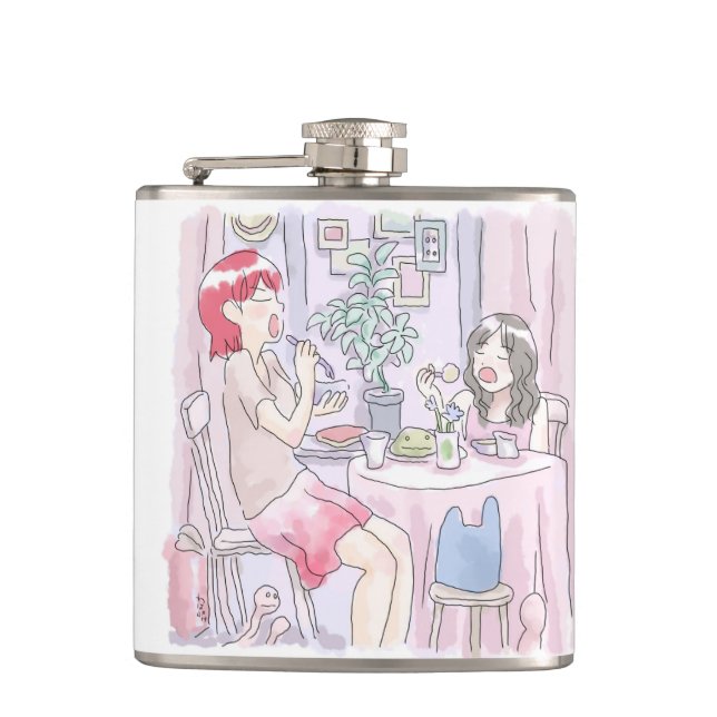さむさむじ　ピンク色のテーブルで向き合って食事をする不機嫌な二人の女性のイラスト FLASK (Front)