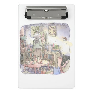 さやれくじ ぼんやりした明かりの、本棚のあるお部屋の壁に絵を飾ろうとしている女性 MINI CLIPBOARD