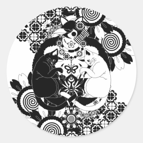 ねことりむしブラック（CAT BIRD INSECT BLACK） CLASSIC ROUND STICKER