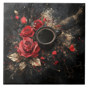 「コーヒーに赤い薔薇を添えて」 黒色系背景 コーヒーブレイク CERAMIC TILE