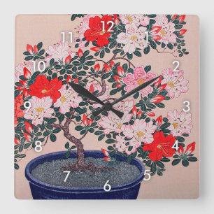 ツツジの盆栽, 小原古邨 Bonsai Azalea, Ohara Koson, Ukiyo-e Square Wall Clock