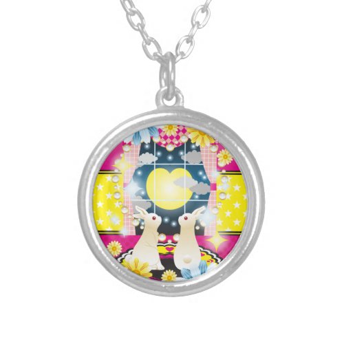 ハートの月を見る兎のカップル SILVER PLATED NECKLACE