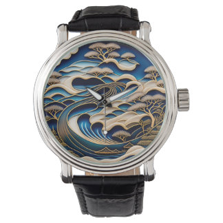 ビンテージな日本の浮世絵北斎イズムとローファイアートが融合した着物柄の腕時計 WATCH