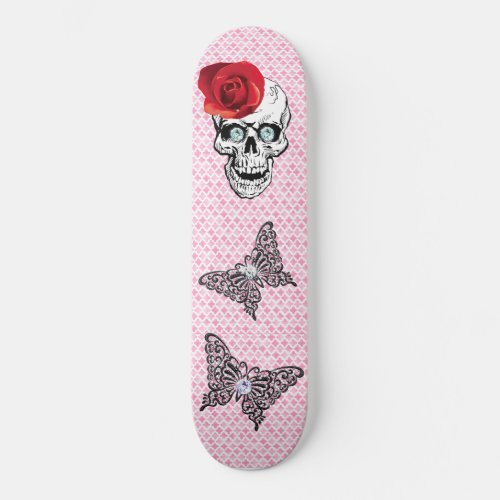 ピンクのキュートなスカル柄スケートボード SKATEBOARD