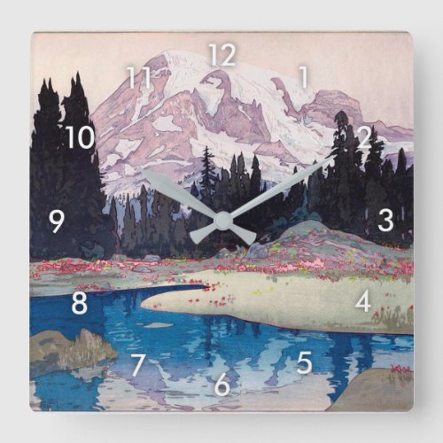 レーニア山 Mount Rainier Hiroshi Yoshida Woodcut Square Wall Clock