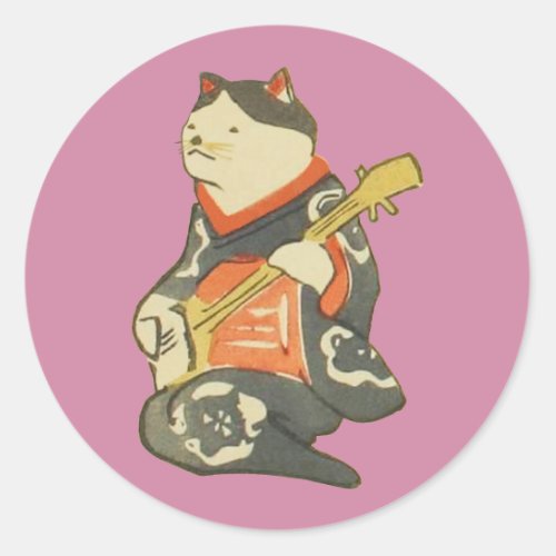 三味線を弾く猫 国芳 CatPlayingGuitar Kuniyoshi Ukiyoe Classic Round Sticker