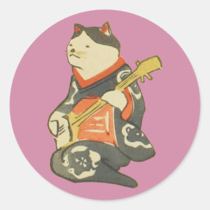 三味線を弾く猫, 国芳 Cat Playing Guitar, Kuniyoshi, Ukiyoe Classic Round Sticker