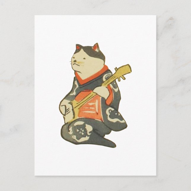 三味線を弾く猫, 国芳 Cat Playing Guitar, Kuniyoshi, Ukiyoe Postcard (Front)