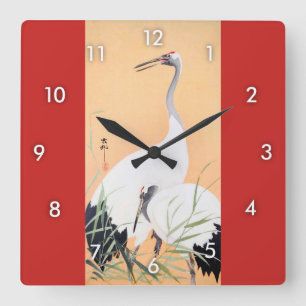 丹頂鶴, 小原古邨 Red-crowned Crane, Ohara Koson, Ukiyo-e Square Wall Clock