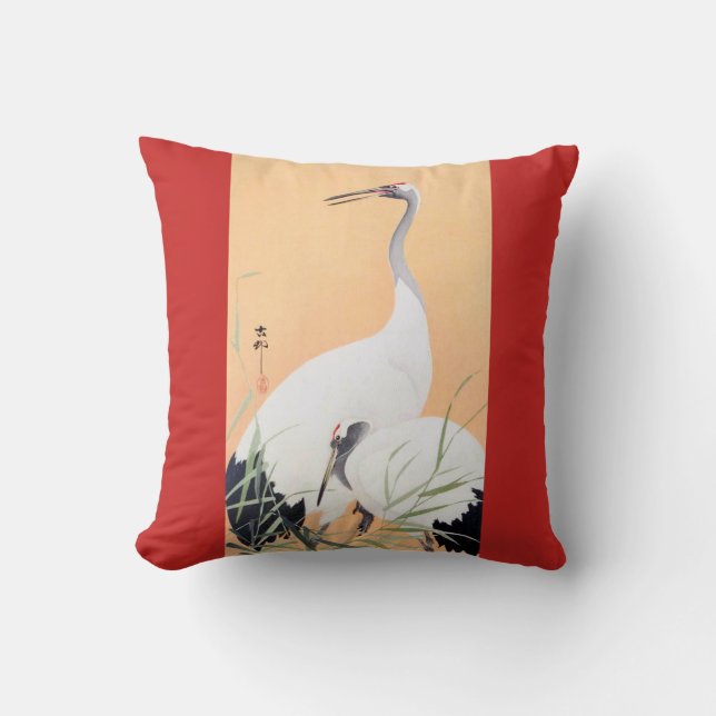 丹頂鶴, 小原古邨 Red-crowned Crane, Ohara Koson, Ukiyo-e Throw Pillow (Front)