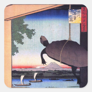 亀と富士山, 広重 Turtle and Mount Fuji, Hiroshige, Ukiyoe Square Sticker