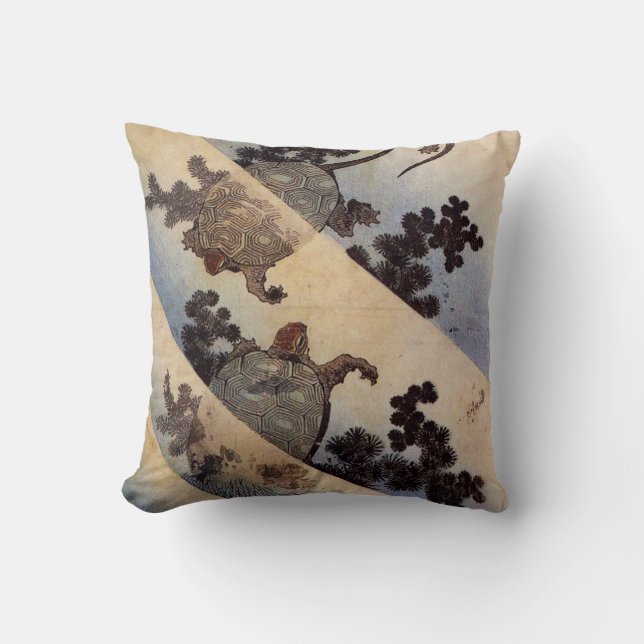 亀, 北斎 Turtles, Hokusai, Ukiyo-e Throw Pillow (Front)