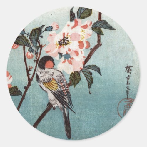 八重桜に鳥 広重 Cherry Blossom  Bird Hiroshige Ukiyoe Classic Round Sticker