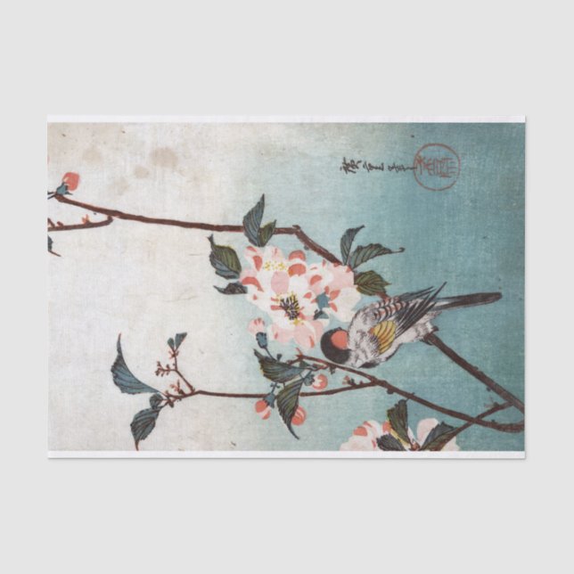 八重桜に鳥, 広重 Cherry Blossom & Bird, Hiroshige, Ukiyoe Tissue Paper (Front)