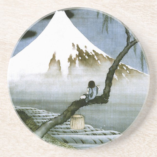北斎 Boy & Mt Fuji Fine Art Sandstone Coaster (Front)