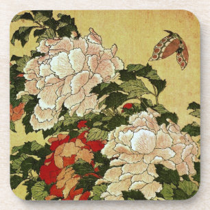 北斎 Hokusai Peonies & Butterflies Fine Art Beverage Coaster