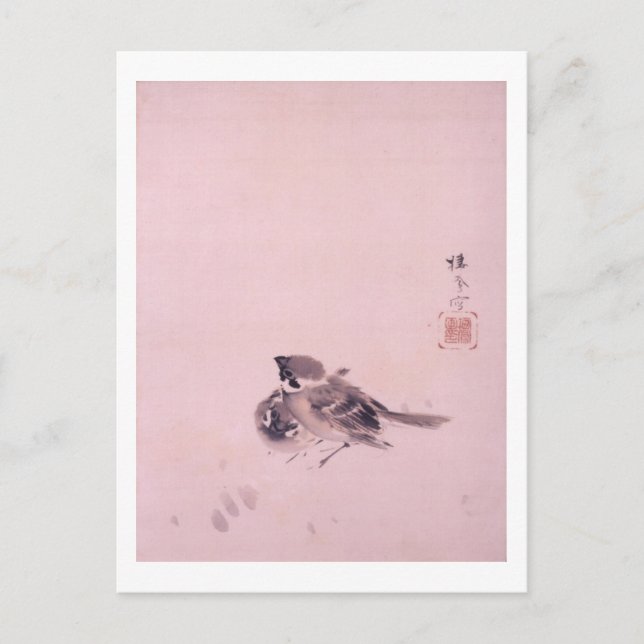 双雀, 栖鳳 Pair of The Sparrow, Seihō, Japanese Art Postcard (Front)