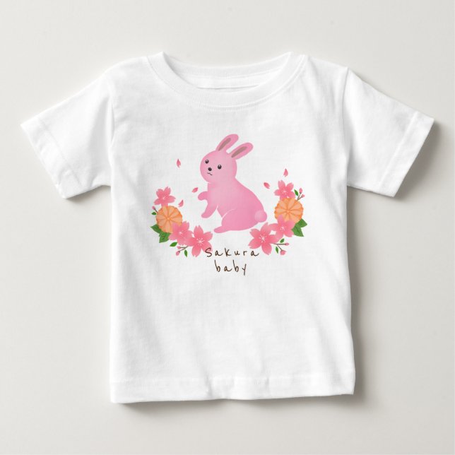可愛い桜とピンクのうさぎ 日本 和風 cherry blossoms baby T-Shirt (Front)