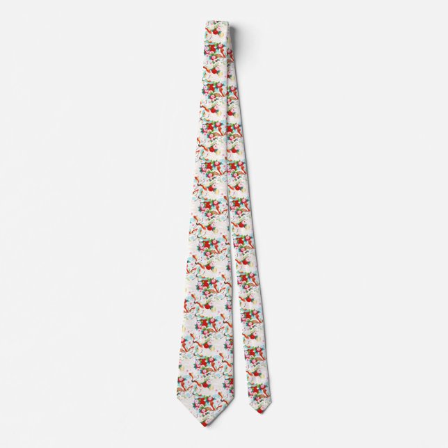 和柄の着物、鶴、白と青と赤、シームレス柄 NECK TIE (Front)