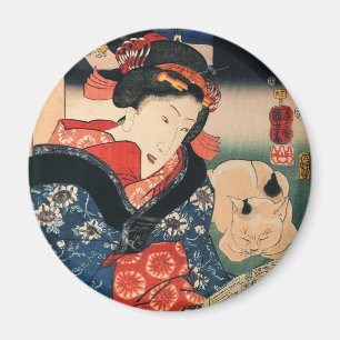 女と眠る猫, 国芳 Woman and Sleeping Cat, Kuniyoshi Magnet