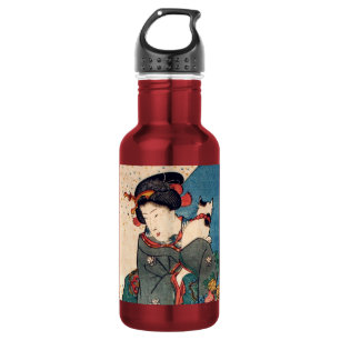 少女と猫, 国芳 Girl with Cat, Kuniyoshi, Ukiyo-e Stainless Steel Water Bottle