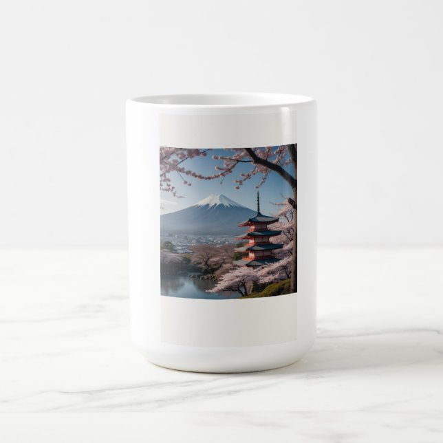 日本の春の最も美しい瞬間を凝縮したような一枚です。富士山を背景に、五重塔と満開の桜が描かれています。 COFFEE MUG (Center)