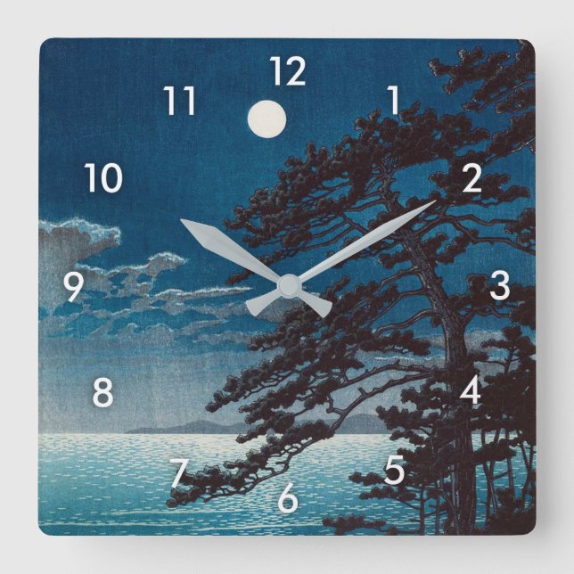 月の二宮海岸, 川瀬巴水 Moon at Ninomiya Beach, Hasui Kawase Square Wall Clock (Front)