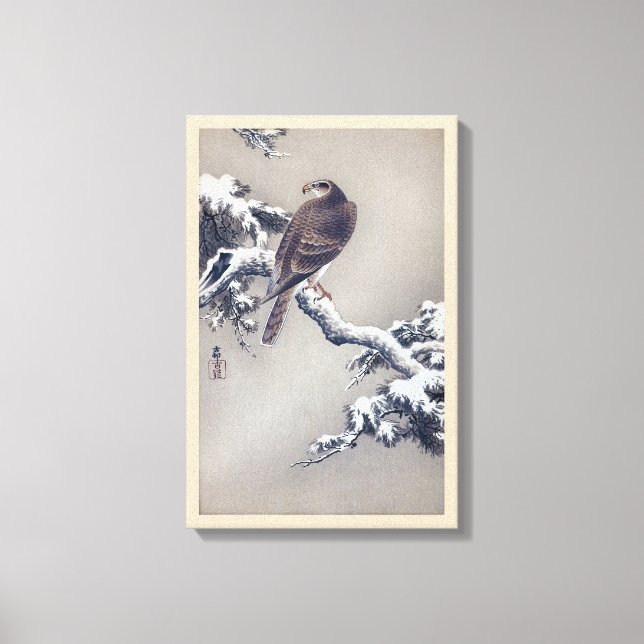 松に鷹, 古邨 Hawk on Pine tree, Ohara Koson, Woodcut Canvas Print (Front)