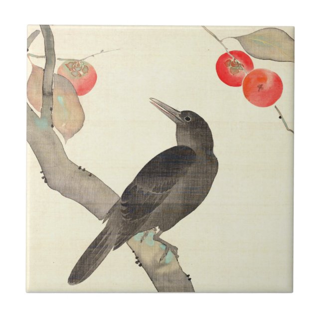 柿に烏, 抱一 Persimmon and Crow, Hōitsu Ceramic Tile (Front)