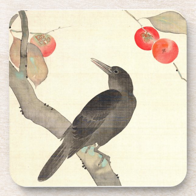 柿に烏, 抱一 Persimmon and Crow, Hōitsu Drink Coaster (Front)