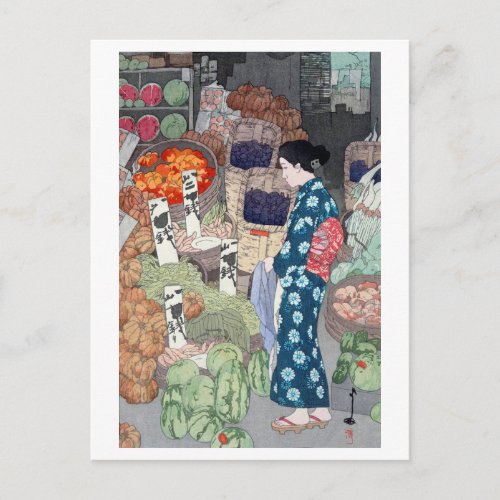 根津の八百屋 Greengrocer in Nezu Yoshida Woodcut Postcard