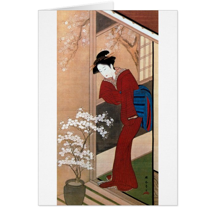 桜の花と女, 春章 Cherry Blossoms and a Woman, Shunsho Card